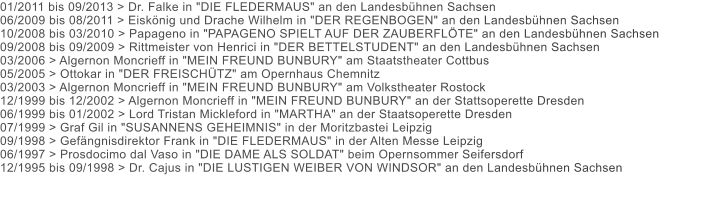 01/2011 bis 09/2013 > Dr. Falke in "DIE FLEDERMAUS" an den Landesbühnen Sachsen 06/2009 bis 08/2011 > Eiskönig und Drache Wilhelm in "DER REGENBOGEN" an den Landesbühnen Sachsen 10/2008 bis 03/2010 > Papageno in "PAPAGENO SPIELT AUF DER ZAUBERFLÖTE" an den Landesbühnen Sachsen 09/2008 bis 09/2009 > Rittmeister von Henrici in "DER BETTELSTUDENT" an den Landesbühnen Sachsen 03/2006 > Algernon Moncrieff in "MEIN FREUND BUNBURY" am Staatstheater Cottbus 05/2005 > Ottokar in "DER FREISCHÜTZ" am Opernhaus Chemnitz 03/2003 > Algernon Moncrieff in "MEIN FREUND BUNBURY" am Volkstheater Rostock 12/1999 bis 12/2002 > Algernon Moncrieff in "MEIN FREUND BUNBURY" an der Stattsoperette Dresden 06/1999 bis 01/2002 > Lord Tristan Mickleford in "MARTHA" an der Staatsoperette Dresden 07/1999 > Graf Gil in "SUSANNENS GEHEIMNIS" in der Moritzbastei Leipzig 09/1998 > Gefängnisdirektor Frank in "DIE FLEDERMAUS" in der Alten Messe Leipzig 06/1997 > Prosdocimo dal Vaso in "DIE DAME ALS SOLDAT" beim Opernsommer Seifersdorf 12/1995 bis 09/1998 > Dr. Cajus in "DIE LUSTIGEN WEIBER VON WINDSOR" an den Landesbühnen Sachsen